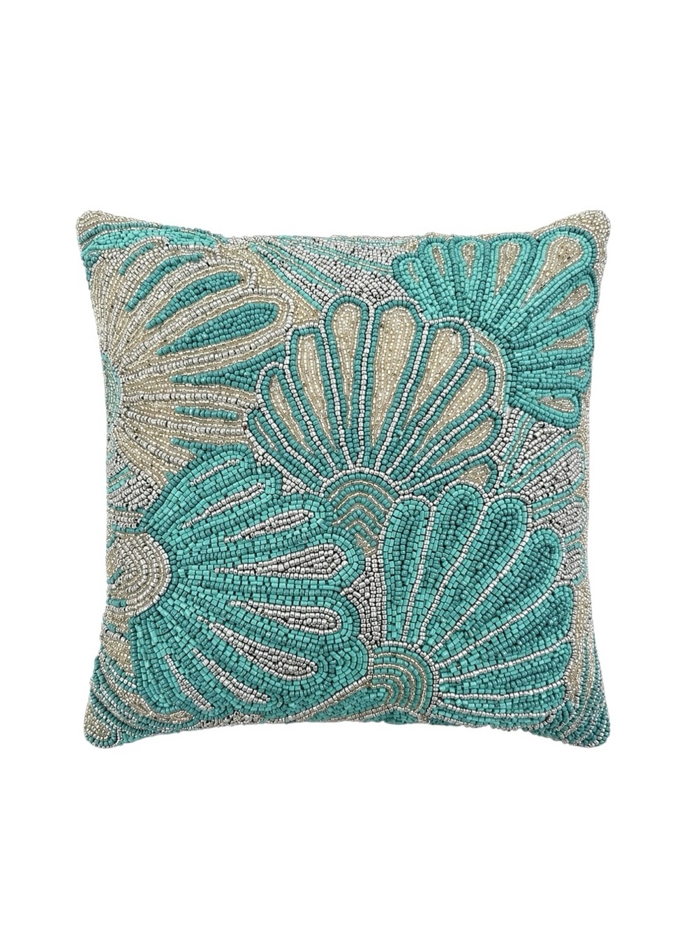 Beaded Seashell Motif 12” x 12” Square Decorative Pillow Blue